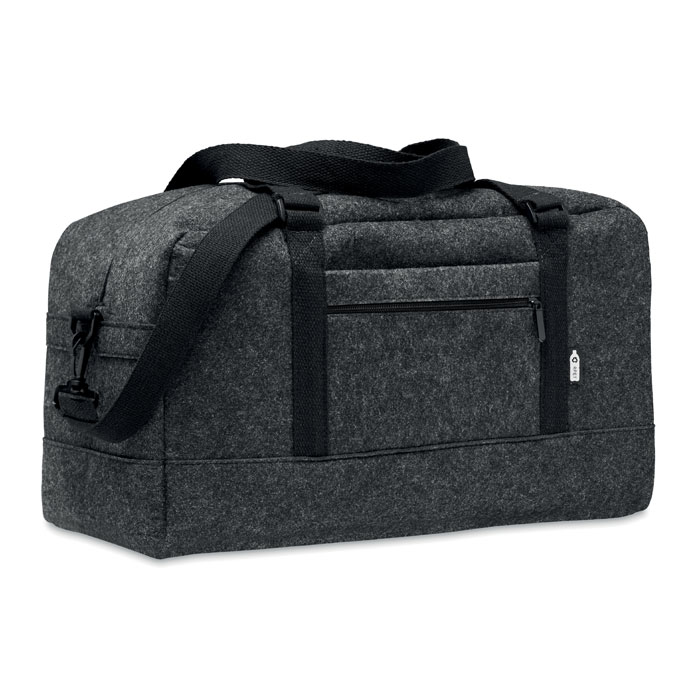 bolsa de viaje gris de fieltro con asa de mano y correa ajustable, bolsillo frontal con cremallera